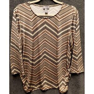 Chicos Tunic Top Large Size 2 Round Neck 3/4 Sleeve Stretch Pink Beige Multicolo